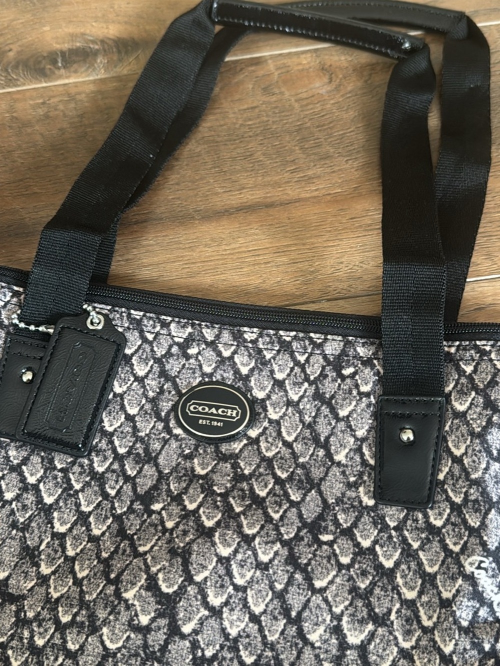 COACH Snake-Effect Tote in Black and Gray
